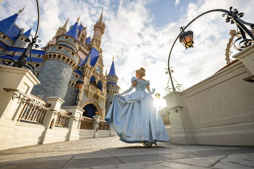 "Turistas visitando el Castillo de Disney World, ilustrando la importancia de planificar tu viaje para evitar multitudes y estrés."